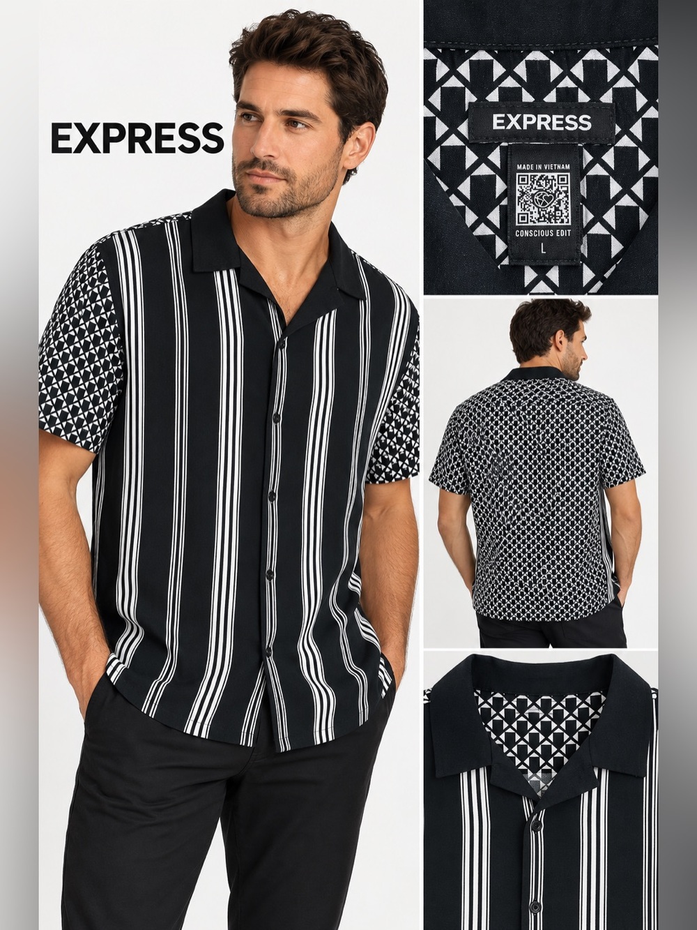 Express Men’s Black & White Short Sleeve Button-Down Shirt